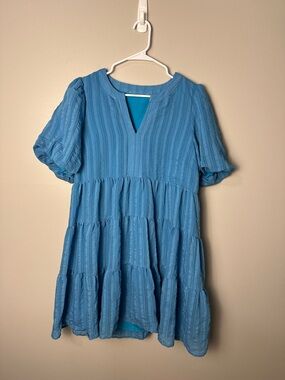 Blue Feminine Striped Tiered Puff Sleeve V-Neck Babydoll Dress Size M